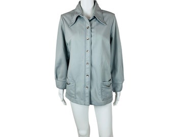 Vintage 70s Light Gray Polyester Top Long Sleeve Women's Shirt B 43"