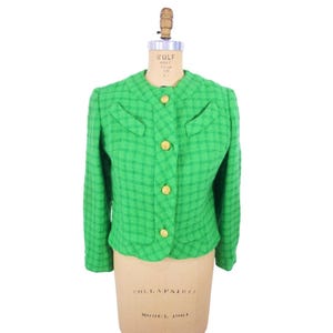 Vintage 60s Suit Jacket Womens Medium Green Pane Plaid Gold Buttons Wool Blend