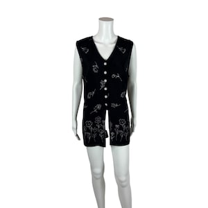 Vintage 90s Floral Vest Women&#39;s XL Black & White Rayon Long Waisted Tunic Top Phoebe