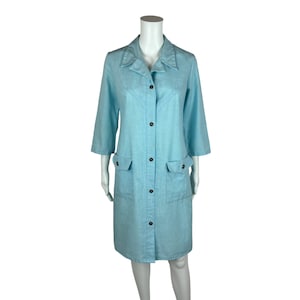 Vintage 70s Blue Dress Women&#39;s Large Textured Shirtdress Cotton Blend Hip Pockets