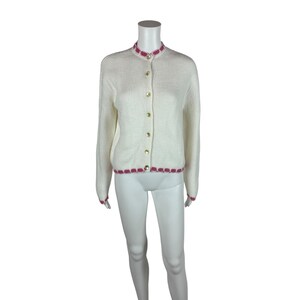 Vintage 60s White Cardigan Women&#39;s Extra Large Orlon Acrylic Pink Scalloped Edge Sweater