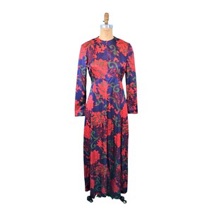 Vintage 70s Maxi Dress Womens M Bold Purple Red Print Long Sleeves Boho Peck & Peck