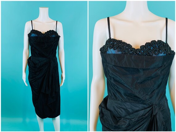 Vintage 1950s Cocktail Dress | Black Blue Sarong W