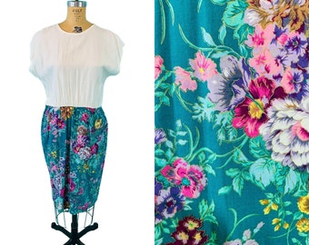 Vintage 1990s Floral Day Dress Solid Top Printed Skirt | W 34-40"