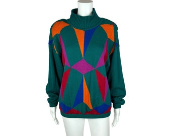 Vintage 90s Teal Sweater Bold Turtleneck Oversized Jumper Colorblocked
