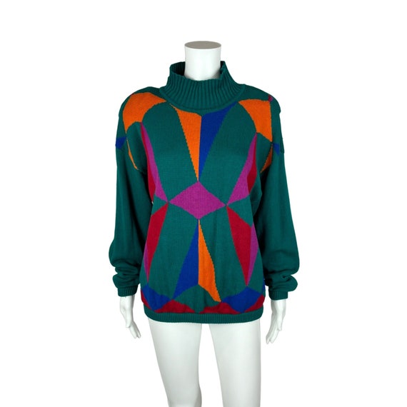 Vintage 90s Teal Sweater Bold Turtleneck Oversized