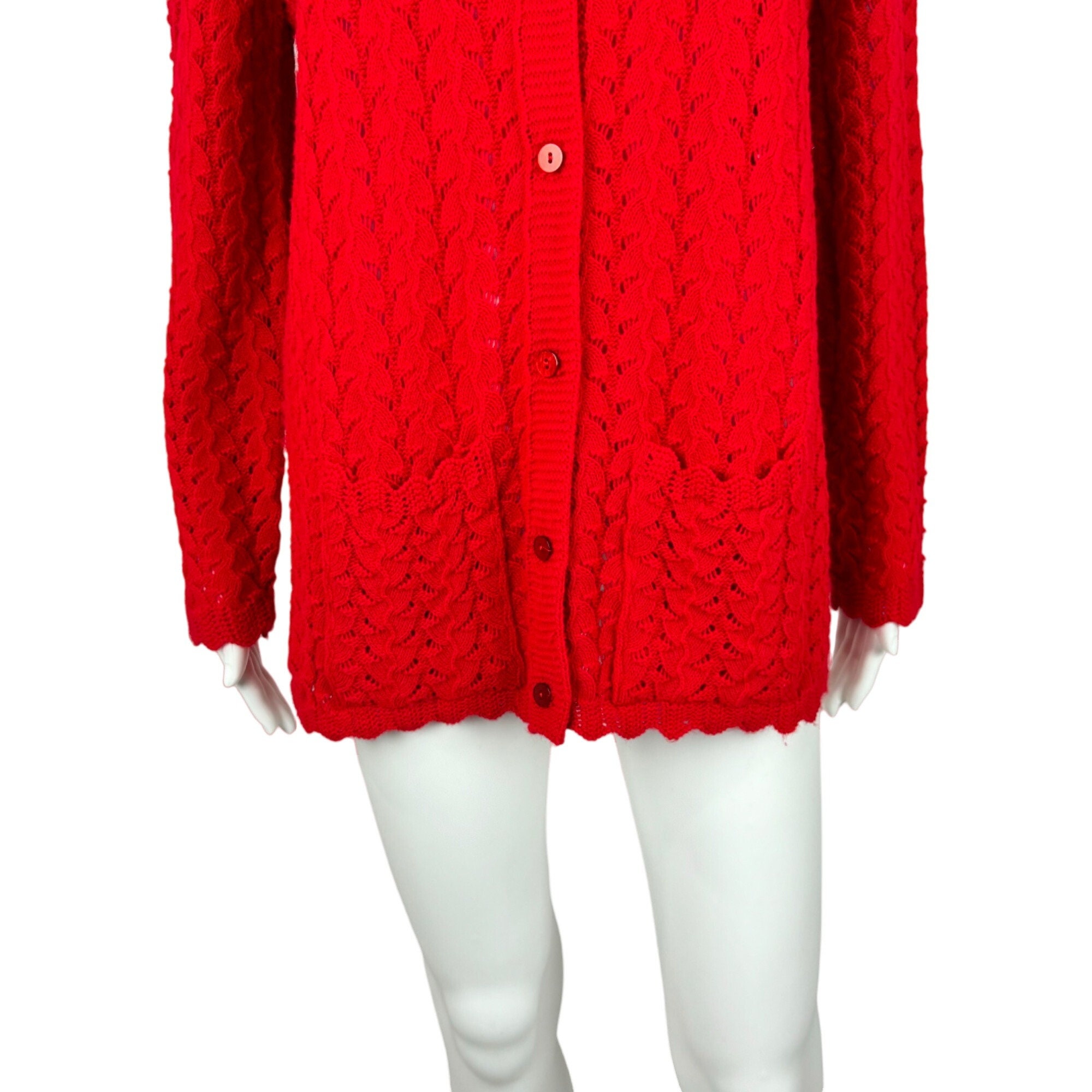 Vintage 80s Pointelle Cardigan Cherry Red College Point Hip