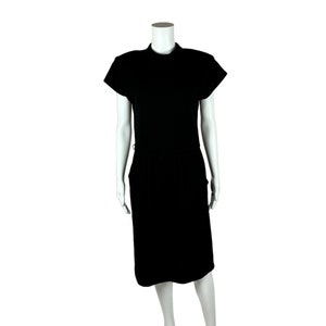 Vintage 80er Jahre Schwarzes Kleid Dolman Ärmel Gummiband Hüfttaschen Acryl Mantel