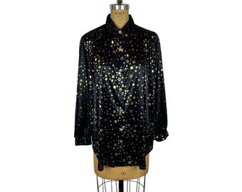 Blusa vintage de los 90 con estampado de estrellas para mujer, talla XL, negra, dorada y metalizada brillante