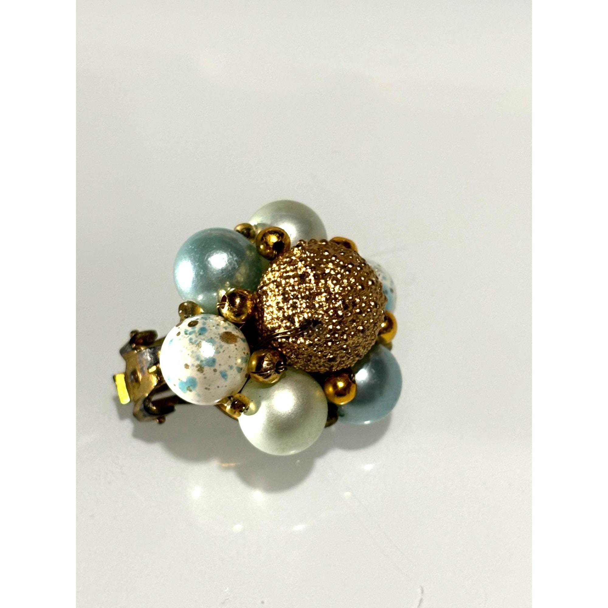 Boucles D'oreilles Clips Vintage Or Et Argent Avec Perle Bleue - Bijou Fantaisie Rare