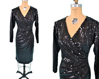 Vintage Black Sequin Dress 80s Surplice Cocktail | W 27"