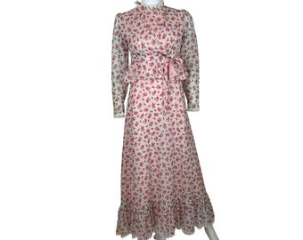 Vintage 70s Prairie Maxi Dress XS Pink Floral Print Matching Outfit Set Cottagecore Boho