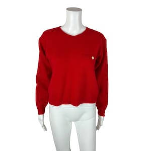 Vintage 90s Angora Sweater Womens Large Red Wool Crewneck Bust Pocket Cropped Pullover