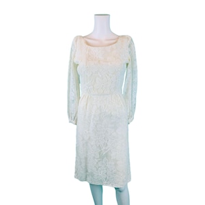 Vintage 60s Lace Dress Womens Extra Small White Floral Mini Cocktail