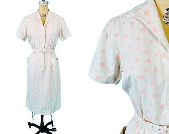 Vintage 1940s Silk Dress Champagne Pink Circle Print Shirtdress | W 25"