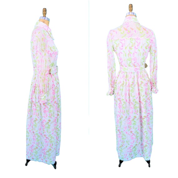 Vintage 1970s Embroidered Maxi Dress Pink Lime Gr… - image 6
