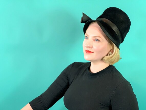 Vintage 1950s Bucket Hat Luxuria Black Satin Bow Tall Hat Vintage 1950s Bucket Hat Luxuria Black Satin Bow Tall Hat | eBay main image 2