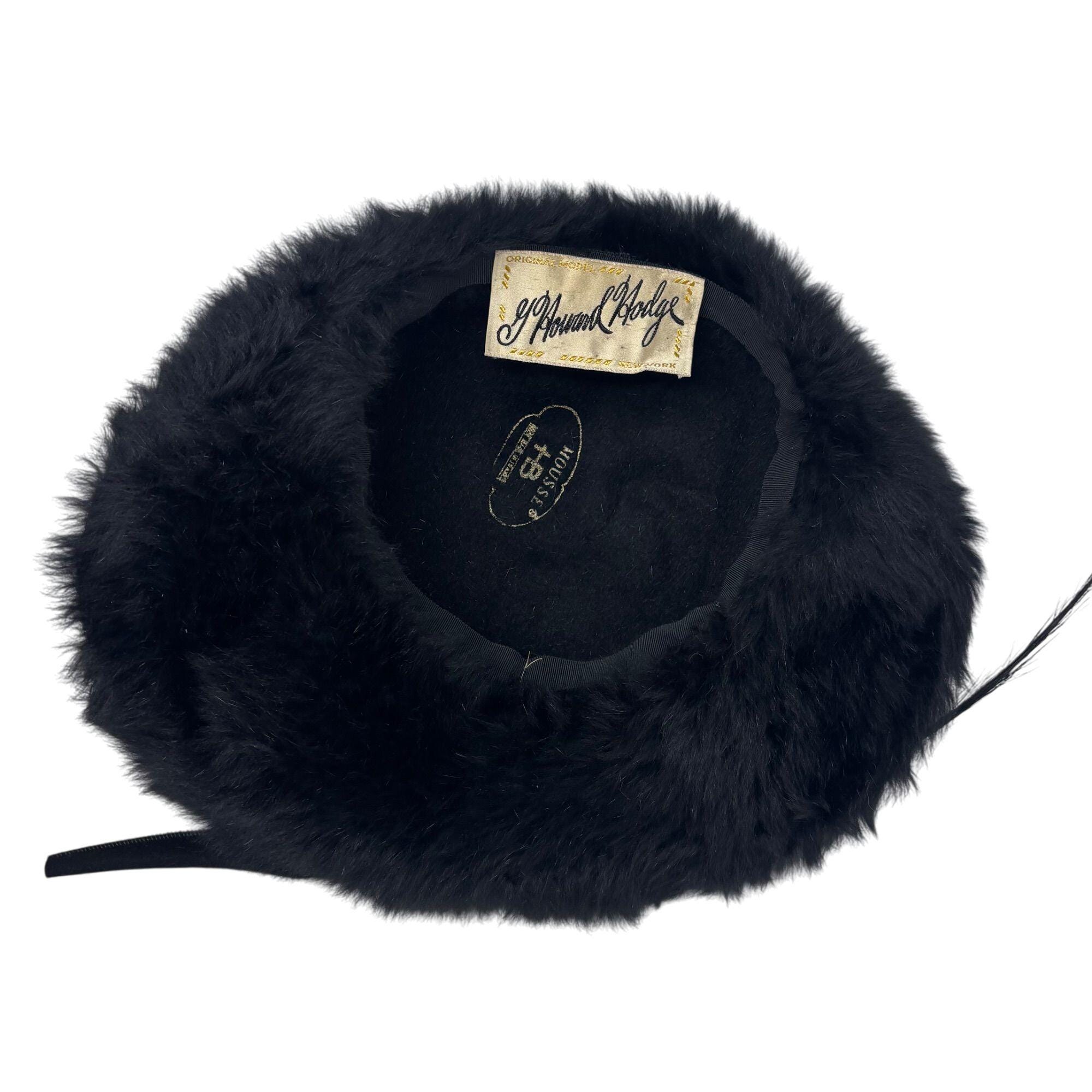 Vintage 50s Faux Fur Hat Black Wide Brim Rhinestone Feather  display picture 2