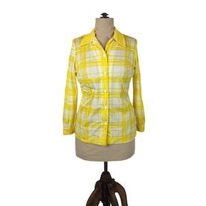 Vintage 60s Yellow Blouse Womens Size XL Heart Buttons Mr. Dino Plaid Long Sleeve Top
