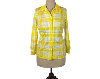 Vintage 60s Yellow Blouse Womens Size XL Heart Buttons Mr. Dino Plaid Long Sleeve Top