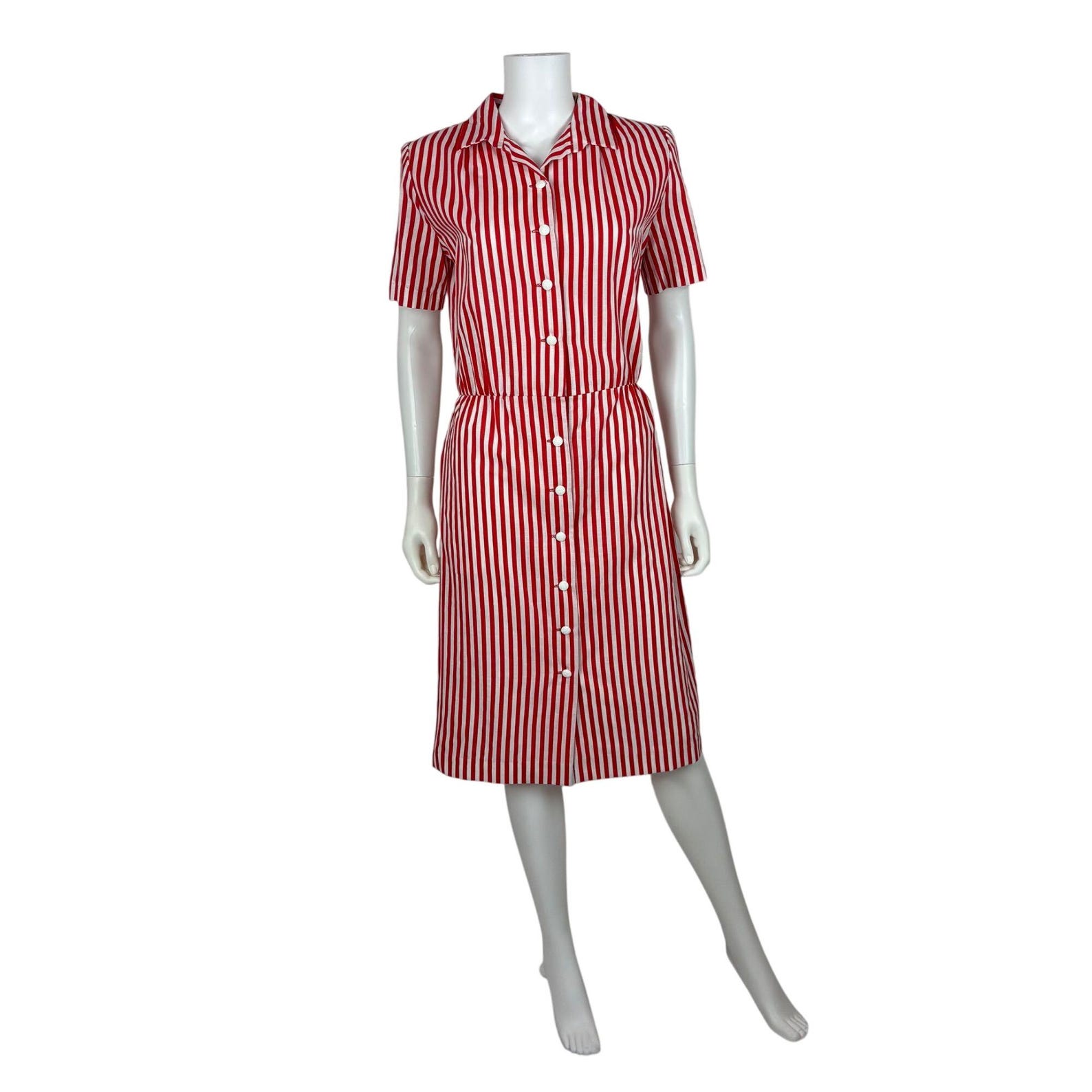 Vintage 80s Striped Dress (medium) Red White 50s Style Retro Pin Up Shirtdress