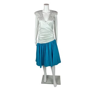 Vintage 80s Party Dress Women&#39;s Small Gathered Satin Asymmetrical Blue Tulle Skirt Prom