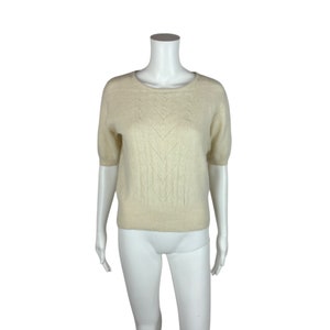 Vintage 90s Angora Sweater Women's Medium Cream Wool Short Sleeve Pullover