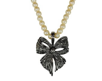 Vintage Silver Bow Necklace Silver Pendant Faux Pearl Chain Avon