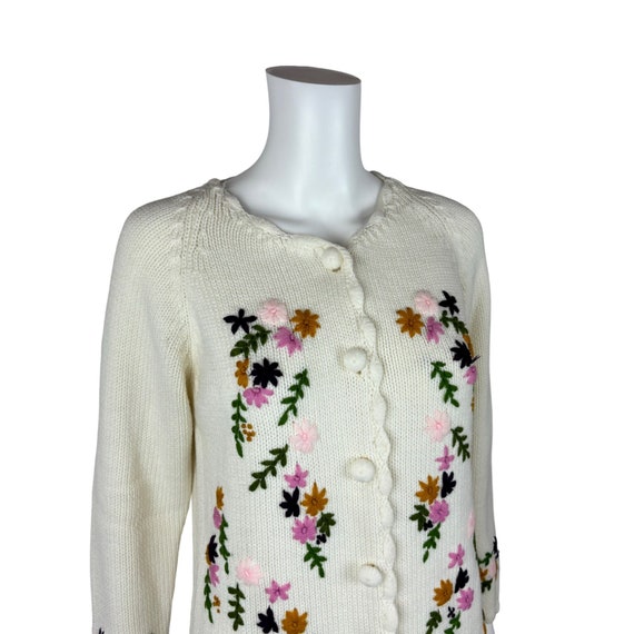 Vintage 60s Floral Cardigan Embroidered Cream Mul… - image 3