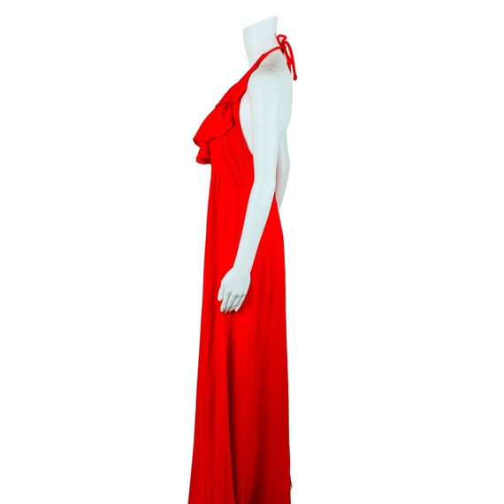 Vintage 1970s Maxi Dress Solid Red Ruffle Neck Ha… - image 6