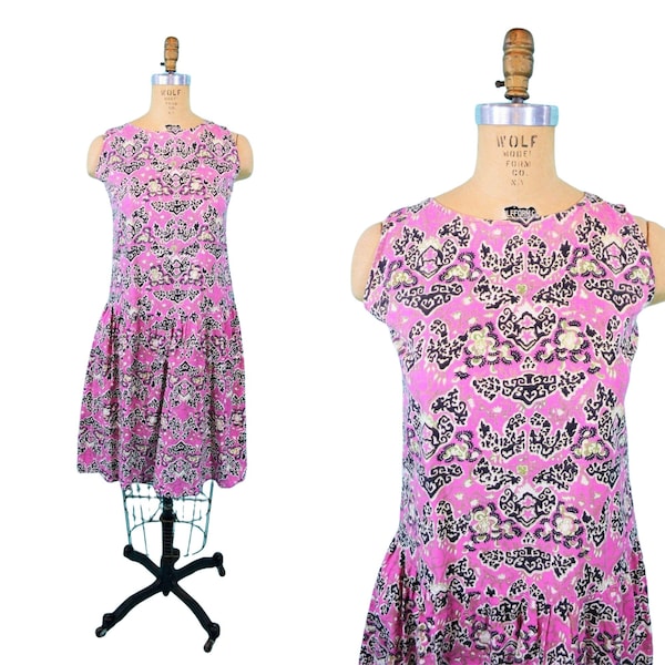 Vintage 1980s Dropwaist Dress Pink Green Printed Batik Shift | W 35"