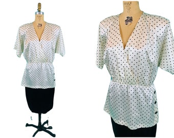 Vintage 1980s Peplum Black White Polka Dot Dress | W 33"