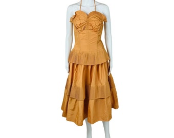 Vintage 1940s Starlet Gown Orange Copper Taffeta Evening Dress Set | W 27&quot;