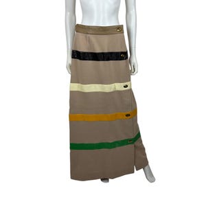 Vintage 70s Striped Skirt Womens Medium Multi Colored Stripes Wool Faux Leather Maxi Boho