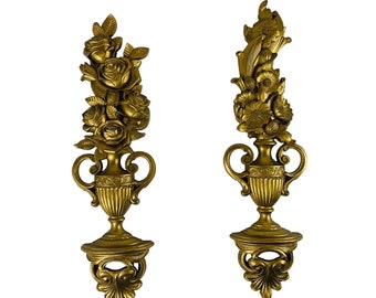 Vintage Syroco Floral Wall Hangings Gold Urns Hollywood Regency - Set of 2