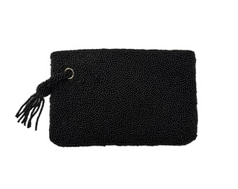 Vintage 1980s Beaded Clutch Small Black Evening Bag With Mirror Walborg