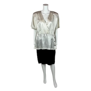 Vintage 80s Peplum Dress Women&#39;s Medium Polka Dot Black White Sheath