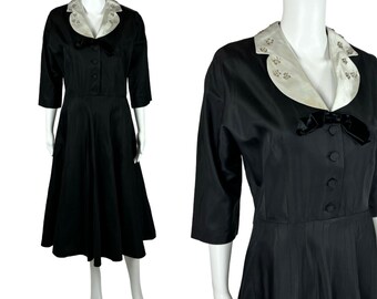 Vintage 40s Dress Women's Medium Black Taffeta Fit Flare Cocktail Formal Holiday Gown