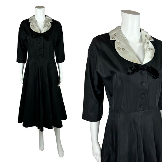 Vintage 40s Dress Women's Medium Black Taffeta Fi… - image 1