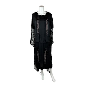 Vintage 20s Beaded Dress Women&#39;s Medium Black Lace Silk Drop Waist Flapper Evening