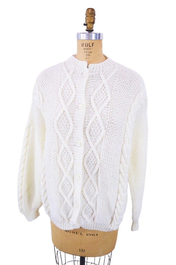 Vintage 1980s Cable Knit Cardigan Solid Cream Ove… - image 3