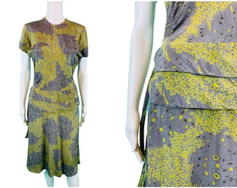 Vintage 1930s Silk Dress Women's Medium Old Hollywood Gray Green Print Cocktail