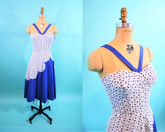 Vintage 1950s Sun Dress | Royal Blue Eyelet Scallo