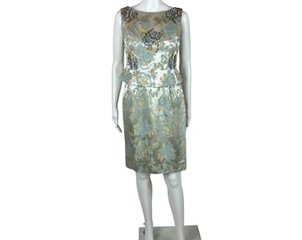 Vintage 50er Jahre Kleider Set Damen Extra Kleines Blumen Brokat Blau Gelb Pailletten Outfit