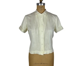 Vintage 50s Cream Blouse Womens Medium Pleated Nylon Short Sleeve Shirt