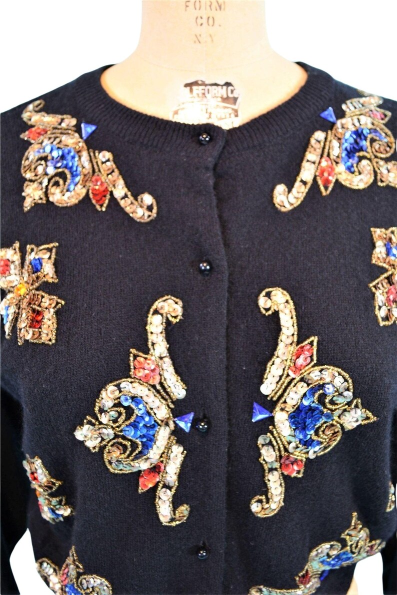 Women's Vintage Black 1980s Embellished Wool Cardigan S-L