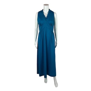 Vintage 70er Jahre Maxi Kleid Damen Medium Rüschen Solid Blau Empire Etuikleid