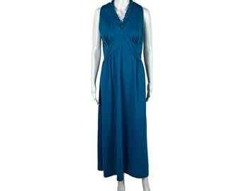 Vintage 70s Maxi Dress Women's Medium Ruffle Solid Blue Empire Sheath