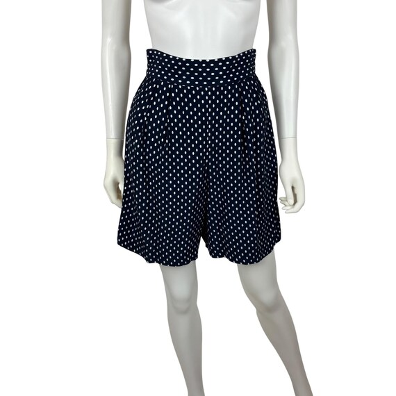 Vintage 90s Polka Dot Shorts Womens Small Navy White Rayon High Waist
