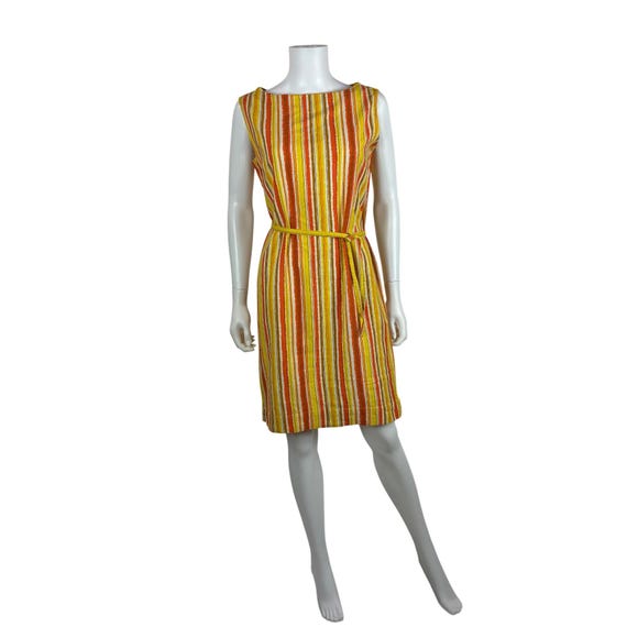 Vintage 60s Striped Dress Womens Medium Red Yellow Belted Linen Shift Mod Vintage 60s Striped Dress Womens Medium Red Yellow Belted Linen Shift Mod
